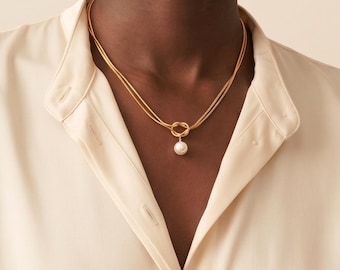 Modern Double Snake Chain, Stainless Steel, Shell Pearl Drop, Intertwined Knot Necklace, Double Strands Choker, Geometric Jewellery