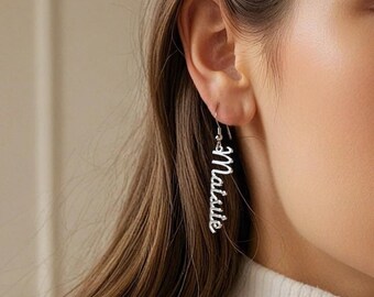 Brincos de gota com nome personalizado, brincos de nome pendurados, brincos de placa de identificação personalizados, brincos delicados, brincos de pingente de nome, joias elegantes