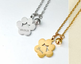 Personalised Paw Necklace with Dangling Ball Charm, Engraved Paw Charm Necklace, Pet Paw Print Jewellery, New Pet Gift, Pet Owner Necklace