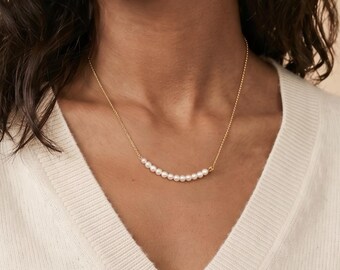 Curved Pearl Arch Necklace, Minimalist Floating Shell Pearl Row, Smile Pendant Choker, Dainty Stainless Steel Curb Chain, Hypoallergenic