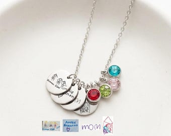 Birth Stone Necklace, 316L Stainless Steel, Drawing Jewellery, Handwriting, Signature, Engraved Picture, Custom Painting, Kid's Art Disc