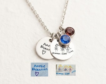Engraved Drawing Necklace, 316L Stainless Steel, Dangling Birth Stones, Handwriting Jewelry, Children's Painting, Custom Pencil Sketch Charm