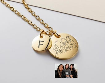 Personalised Own Portrait Charm, Waterproof, Minimalist Line Portrait Necklace, Engraved from Picture, Calligraphy Line Drawing from Picture