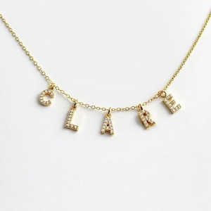 Spaced Initial Necklace, Dangling Initial Charm Choker, Crystal Letter Name Necklace, Personalised Word Necklace, Zirconia Alphabet Jewelry