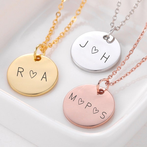 Engraved Letter Necklace, Disc Initials Necklace, Two Initial Disc Necklace, Multi Disc Necklace, Engraved Charm Necklace with Modern Heart