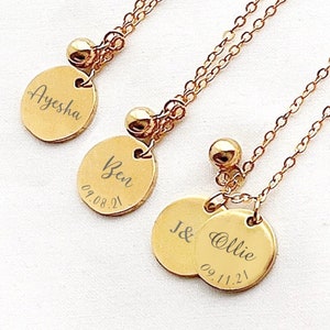 Multi Initial Disc Necklace, Engraved Name Necklace with Ball Charm, Date Necklace, Disc Charm Necklace, Multiple Engraved Charm Necklace