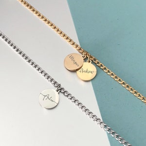 Pulsera con disco con nombre, pulsera de cadena de eslabones personalizada, pulsera con nombre escrito, pulsera con dije grabado, pulsera con nombre en espiral personalizada, pulsera con inicial