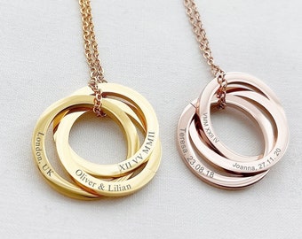 Engraved Linked Circle Necklace, Two Three Four Five Interlocking Circle Necklace, Engraved Childrens Name Necklace, Russian Ring Necklace
