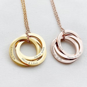 Engraved Stacked Circle Necklace, Two Three Four Five Interlocking Circle Necklace, Engraved Childrens Name Necklace, Engraved Ring Necklace