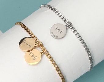Name Disc Curb Bracelet, Multi Name Charm Bracelet, Engraved Bracelet, Personalised Initial Bracelet, Date Bracelet, Curb Chain Bracelet