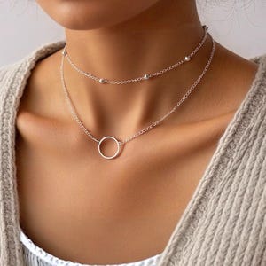 Double Layer Choker, Two Layer Short Necklace, Two Strand Necklace in Gold Silver, Layering Choker with Ring Charm, Beads Chain, for HER