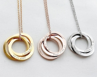 Collier à anneaux multiples, collier deux, trois, quatre, cercles entrelacés, cadeau de famille personnalisé, collier prénom rond, pour ELLE