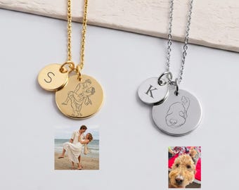Engraved Line Portrait Necklace, Waterproof, Minimalist Line Photo Charm, Engraved from Picture, Simple Dog Drawing, Drawing Jewellery