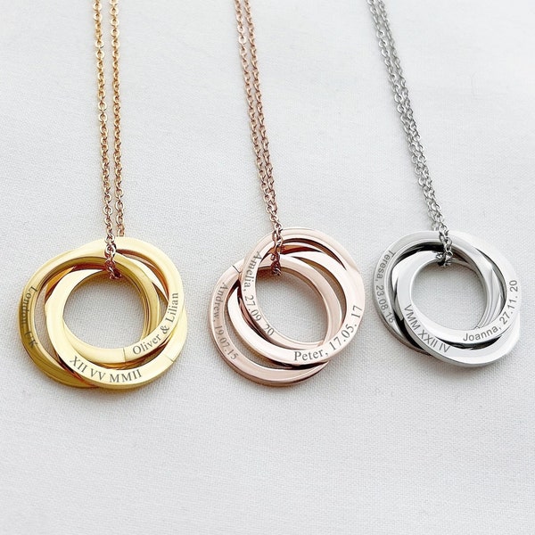 Collier à anneaux multiples, collier deux, trois, quatre, cercles entrelacés, cadeau de famille personnalisé, collier prénom rond, pour ELLE