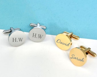 Name Round Cufflinks, Mens Cuff Links in Silver Gold Black, Personalised Initials Cuff Links, Mens Accessories, Custom Formal Business Gift