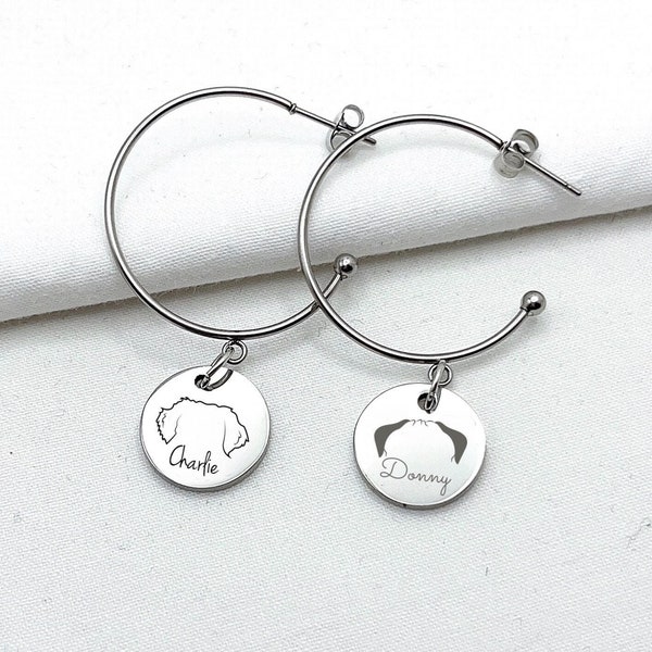 Personalised Dog Breed Hoop Earrings, Custom Dog Ears Earring, Engraved Dog Disc Earrings, Dangling Dog Charm Earrings, Dog Owner Gift