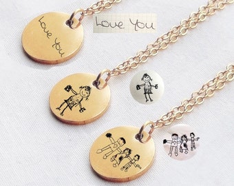 Collier dessin personnalisé, collier logo, collier disque oeuvre d'art gravé pour enfants, collier disque peinture enfant, collier écriture gravée