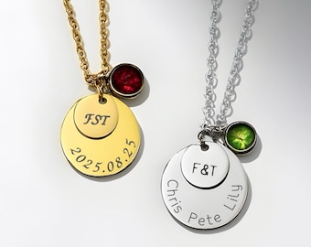 Engraved Two Disc Necklace, Date Name Disc with Birthday Stone, Birth Stone Necklace, Custom Charm Necklace with Gem Stone, Initial Jewelry