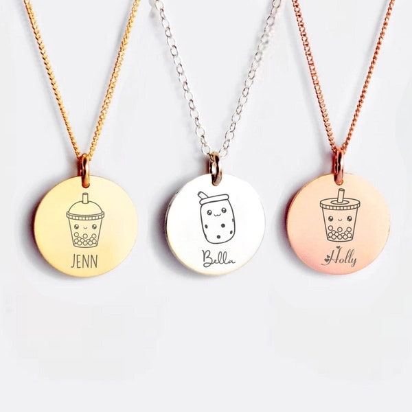 Engraved Kawaii Bubble Tea Necklace, Cute Boba Tea Necklace, Cute Jewellery, Personalised Name Disc Necklace, Lovely Foodie Charm Necklace