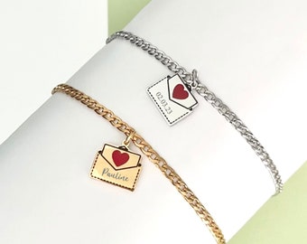 Dainty Envelope Bracelet, Custom Charm Curb Chain Bracelet, Engraved Bracelet, Thick Chain Bracelet, Letter box Name Bracelet, Gift for HER