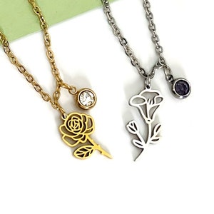 Delicate Birthstone Jewellery, Personalised Birth Flower Necklace, Birth Month Flower and Birth Stone Necklace, Custom Birthday Gift