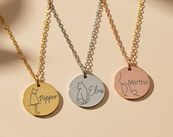 Engraved Cat Necklace, Waterproof Jewellery, Personalised Cat Line, Custom Feline Drawing, Cat Art Line Disc, Cat Owner Gift, Kitten Gift