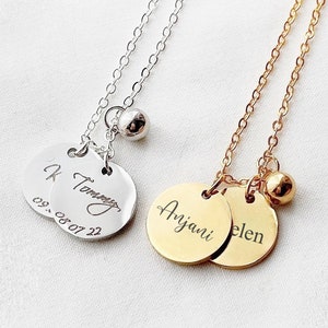 Cute Initial Necklace, Engraved Disc Charm Necklace with Dainty Ball Ornament, Date Necklace, Engraved Name Necklace, Family Necklace