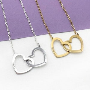 Engraved Linked Heart Necklace, Custom Double Interlocking Hearts Necklace, Anniversary Gift, Personalised Two Open Heart Necklace, for Wife