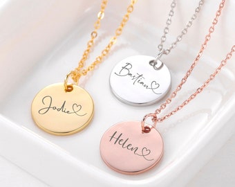 Calligraphy Name Disc Necklace, Engraved Script Name Necklace with Heart, Multi Disc Necklace with Dainty Heart, Engraved Charm Necklace