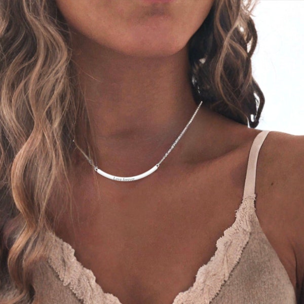 Benutzerdefinierte moderne Bar Halskette, gravierte gebogene Bar Halskette, minimalistische Bar Anhänger Halskette, personalisierte Bar Charme Choker, Nachrichtenhalskette