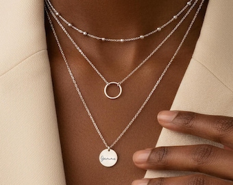 Layered Halskette, Layered Halsketten-Set, Multi-Layer-Halskette, Layer-Halskette, Disc-Anhänger-Halskette in Gold-Silber