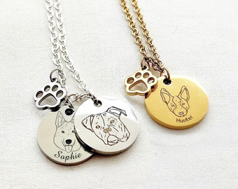 Personalized Dog Face Necklace with Paw Print Charm, Engraved Dog Portrait Necklace, Custom Dog Breed Necklace, Paw Print Dog Disc Jewellery