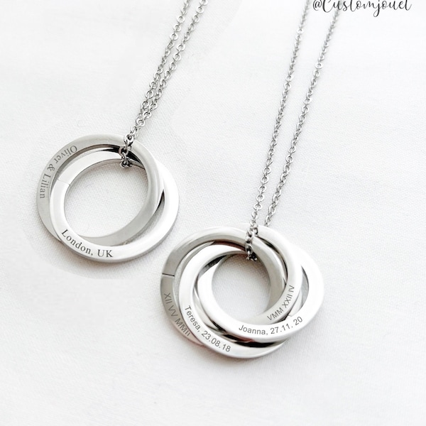 Interlocked Circle Necklace, Engraved Ring Necklace, Multiple Linked Circle Necklace, Stacked Ring Necklace, Double Triple Circle Necklace