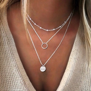 Engraved Triple Layer Necklace, Layered Necklace Set, Multi Layer Disc Necklace, Layer Disc Necklace, Disc Pendant Necklace in Gold Silver