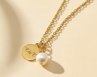 Personalised Dainty Disc with Pearl Charm, Custom Necklace, Stainless Steel Chain, Engraved Tag, Dangling Shell Pearl, Minimalist Gift