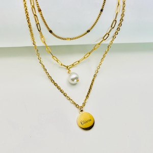 Collar de múltiples hilos con dije de perla, collar de cadenas mixtas con colgante de perla, collar de disco personalizado, collar de cadena con triple clip