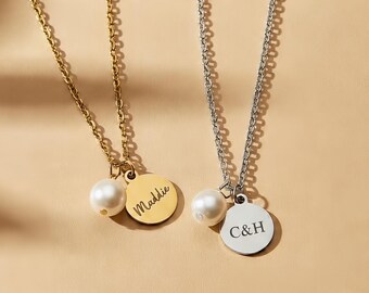 Dainty Disc Necklace, Custom Name Charm, Pearl Charm, Stainless Steel Chain, Engraved Tag, Pearl Jewellery, Minimalist Everyday Accessory