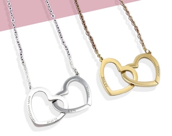 Aangepaste gekoppelde hartnaam ketting, dubbele twee in elkaar grijpende harten ketting, gegraveerde naam ketting, gepersonaliseerde twee open hart ketting