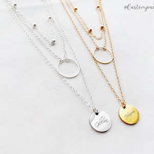 Engraved Triple Layer Necklace, Layered Necklace Set, Multi Layer Disc Necklace, Layer Disc Necklace, Disc Pendant Necklace in Gold Silver imagem 2