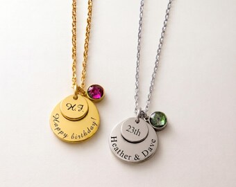 Custom Name Date Necklace, Double Disc Necklace with Birthstone, Birth Stone Charm Necklace, Engraved Initial Necklace with Gem Stone