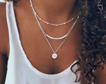 Collier triple épaisseur personnalisé, ensemble de colliers superposés gravés, collier multirangs, collier multi-chaînes personnalisé, cadeau pour elle