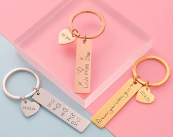 Custom Handwriting Key Chain with Heart Charm, Signature Bar Key Ring, Rectangular Writing Keychain, Grandmother Gift, Remembrance Key Tag
