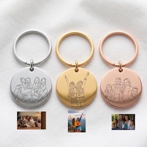 May include: Three circular metal keychains in silver, gold, and rose gold tones. Each features a custom line-art engraving of a family or group portrait based on the small reference photographs positioned directly below each individual keychain.