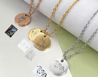 Actual Drawing Necklace, 316L Surgical Stainless Steel, Waterproof Jewelry, Custom Artwork Disc, Kids Painting, Handwriting, Signature