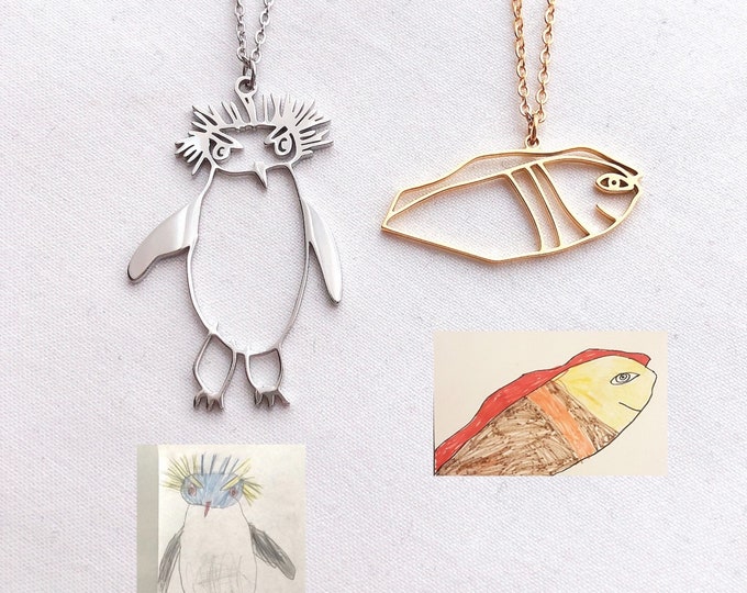 Kids Drawing Necklace, Waterproof, Handwriting Pendant, Waterproof Jewellery, Personalized Logo, Children Artwork, Kids Doodle, Mom Gift