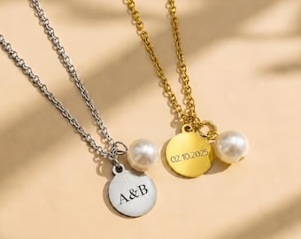 Personalised Small Disc, Dangle Pearl Charm, Custom Disc Necklace, Engraved Tag, Pearl Jewelry, Name Charm Necklace with Dainty Pearl