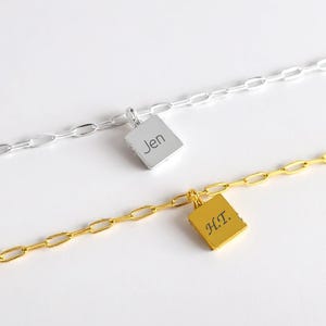Tobillera cuadrada con nombre personalizado, tobillera con dije grabado, tobillera con clip, tobillera con inicial, tobillera con cadena de eslabones, tobillera geométrica