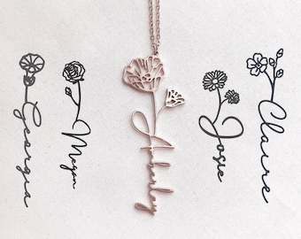 Birth Flower Name Necklace, Birth Month Flower Necklace with Name, Floral Necklace with Name, Personalised Flower Necklace, Birthday Gift