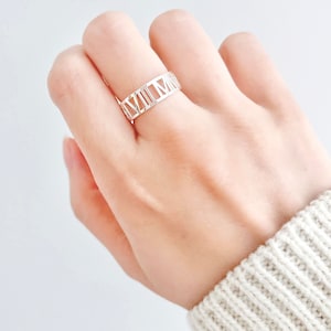 Custom Message Ring, Unisex Roman Numeral Ring, Personalised Band Ring, Roman Date Ring, Sentence Open Ring, Anniversary Ring for Women Men