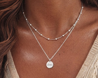 Collana a strati personalizzata con catena a palline, collana con disco a doppio filo con nome, collana con disco personalizzata in argento e oro, regalo per la mamma, per lei